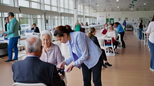 volunteer helping elderly eye checkup community health fair or elderly individuals eye checkup volunteer help community event or volunteer assisting elderly health checkup