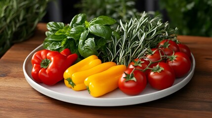 Captivating Arrangement of Aromatic Herbs and Fresh Vegetables on a White Plate - Culinary Inspiration for Food Lovers