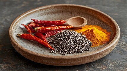 Intricate Arrangement of Ayurvedic Ingredients with Cumin, Turmeric, and Chiiles on a Rustic Plate
