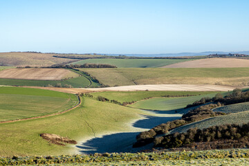 Naklejka premium Looking out over farmland in rural Sussex on a sunny but cold January morning
