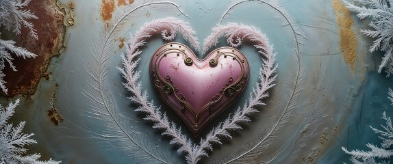 Fototapeta premium Pink Metal Heart with White Feathers on Blue Background