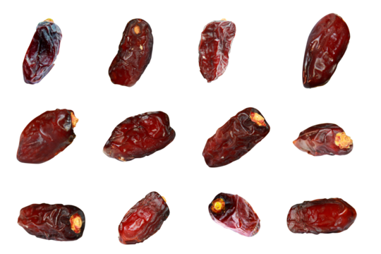12 different angle Dried date collections are isolated on a transparent background