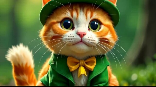 Adorable ginger kitten, dressed in a charming green jacket and leprechaun hat, as it sits patiently in a lush green field, perfectly embodying the spirit of St. Patrick's Day.
