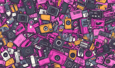 A vibrant, stylized illustration depicting a massive pile of vintage cameras and audio devices in various colors, creating a chaotic yet aesthetically pleasing composition.
