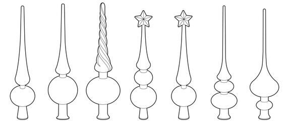 Set of Christmas tree toppers. Coloring page. Black line. Vector illustration. Christmas decorations isolated on white.