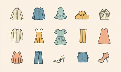 Clothing icons shirts, dresses, pants, shoes.  Fashion design, website use