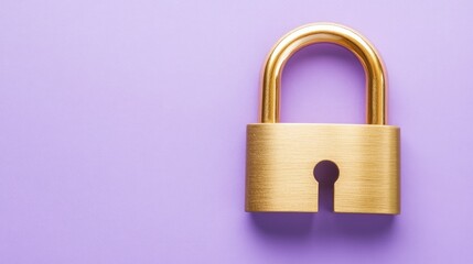 Naklejka premium Bright gold padlock lying flat on a soft lavender background, minimalist and calming.