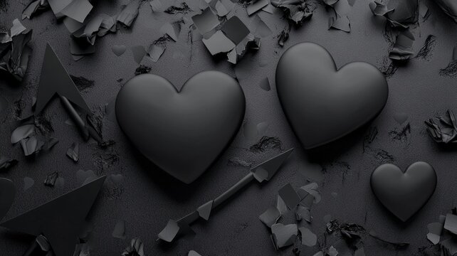A Black hearts on textured surface with scattered black fragments create minimalist and sleek design