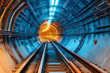 Dramatic perspective of a subway tunnel, showcasing the intricate engineering and vibrant lighting.  Perfect for themes of infrastructure, travel, or technology.