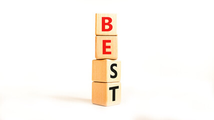 Motivational and inspirational be best symbol. Concept words Be best on beautiful wooden block. Beautiful white table white background. Business motivational be best concept. Copy space.