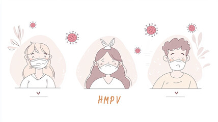 Fototapeta premium Three illustrated characters wearing masks with virus symbols around them, emphasizing health awareness and the importance of protection.