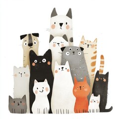 illustration, painting of cats and dogs on white background