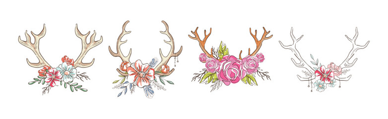 Deer Antler with Flower Bud Decoration Vector Set