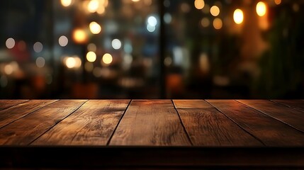 Wooden table in front of abstract blurred background with bokeh lights