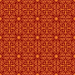 Seamless pattern featuring intricate red and orange decorative motifs arranged symmetrically, creating a vibrant and warm geometric design.