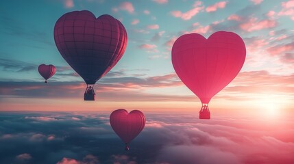 Obraz premium Romantic Heart-Shaped Hot Air Balloons in Colorful Sky at Sunrise
