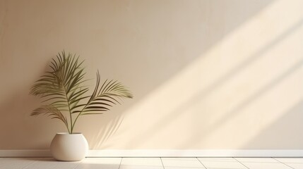 Bright minimalist interior with branch, flowers, green foliage, and white vase.
