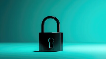 Glossy black padlock on a gradient turquoise background, clean and modern design.