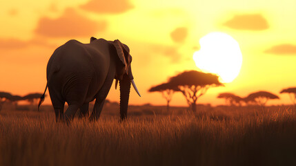 Obraz premium A lone elephant strolling through a vibrant savanna under a setting sun on World Wildlife Day. 