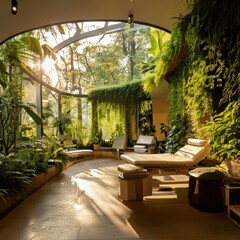 Fototapeta premium A conservatory with a bright and airy ambiance, showcasing comfortable seating, natural wooden floors, and vibrant green plants beneath a glass roof.