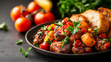 Closeup of colorful Spanish tapas on a rustic plate, bustling street market