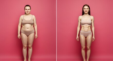 Transformation journey: female fitness progress on a pink background for motivation and inspiration