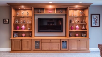 Entertainment center with built-in shelving and cabinetry.