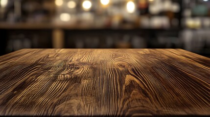 Wooden table in front of abstract blurred background with bokeh lights