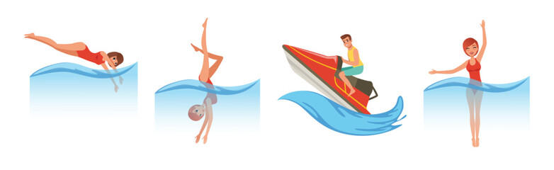 Man and Woman Enjoy Water Sport Activity Vector Set