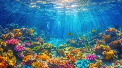 Naklejka premium Colorful coral reef with sunbeams.