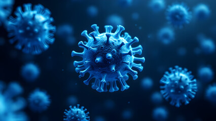 Scientific depiction of virus particles, showcasing their spiked outer membrane, floating in a dark space.