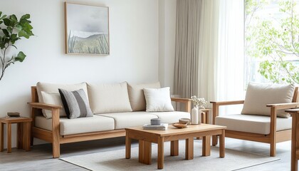 Modern Minimalist Living Room with Light Beige Sofa Wooden Coffee Table and Side Tables