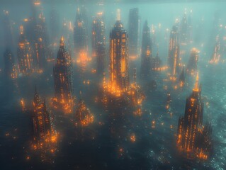 Fototapeta premium Submerged Futuristic Aquatic City with Neon Lit Architecture and Bioluminescent Sea Creatures