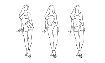 Beautiful girl model in lingerie one line art, continuous drawing contour. 3 girls in different clothes. For lingerie and sex shop. Vector illustration	