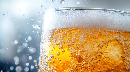 Fizz closeup in liquid drink, fresh bubbles and texture in soda, fizzy air splash in water, white beverage with drops, cold refreshing carbonated surface in glass.