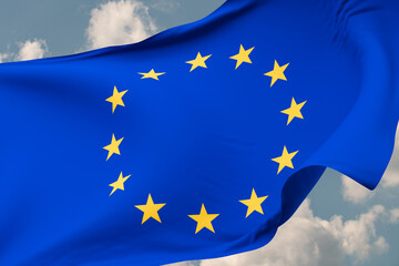 Close up waving flag of the European Union. Blue sky with clouds in the background. Travel, tourism, journey, country, tour, holiday, trip, destination, vacation. 3D illustration