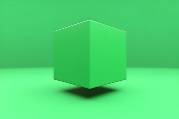 Fototapeta premium A vibrant green cube floats subtly above a matching green background, offering a clean, minimalist design ideal for presentations or branding.