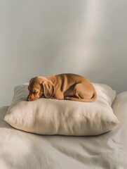 Peaceful Puppy Nap: Miniature Dachshund puppy resting on a soft pillow in a sunlit room.  A heartwarming image perfect for pet lovers and home decor. 