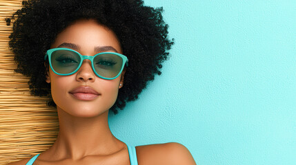 Fototapeta premium Fashionable woman in turquoise sunglasses vibrant background lifestyle portrait studio environment
