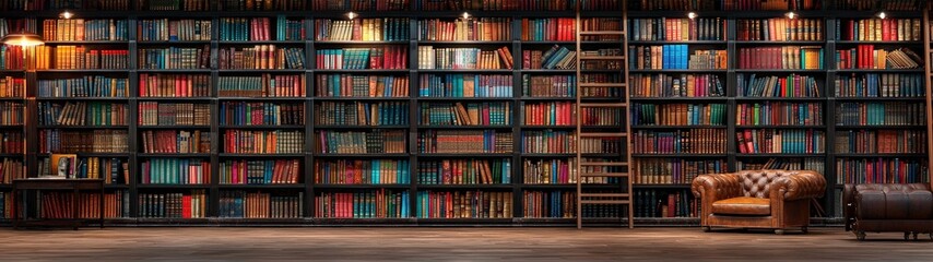 A vintage library interior with floor-to-ceiling bookshelves, a rolling ladder, and leather-bound books