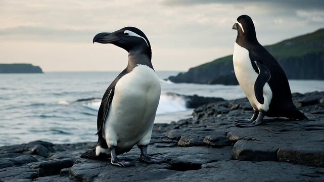 Two Great Auks Standing on Rocky Terrain by the Ocean at Dusk