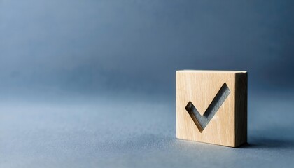 Wooden checkmark icon on blue gradient background representing success, approval, quality assurance, and verified status concepts
