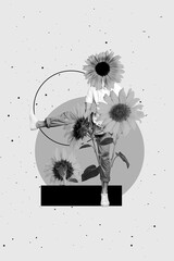 Vertical collage image of dancing guy sunflower instead head isolated on painted creative background