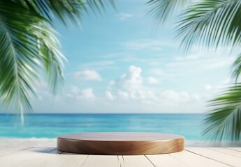 Wooden podium on a white sand beach with a blue ocean and palm tree summer background