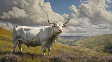 Majestic white bull standing in a scenic countryside setting, surrounded by rolling green hills and blooming flowers.