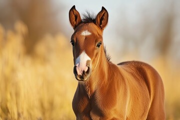 Fototapeta premium This beautiful foal stands in a sunlit meadow, showcasing its natural beauty and playful spirit against a soft, blurred background of golden grass hues.