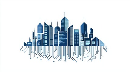 Obraz premium Futuristic city skyline with abstract technology elements.