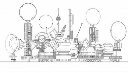 Intricate line art of a futuristic space station or lunar base. Ideal for sci-fi illustrations, concept art, or coloring pages.