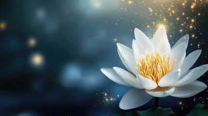 Minimalist white lotus flower glowing on a dark navy blue gradient background with golden highlights.