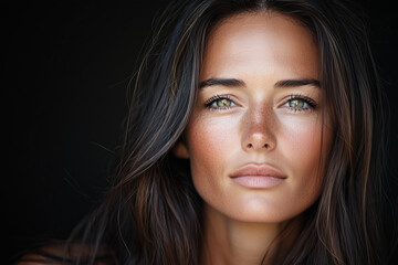 Obraz premium Stunning tanned woman with long glossy hair and captivating eyes exuding beauty and confidence in a softly lit environment